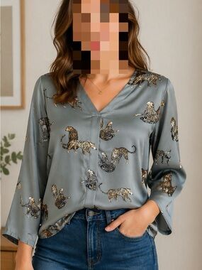 Satin Leopard-Print V-Neck Blouse in Gray
